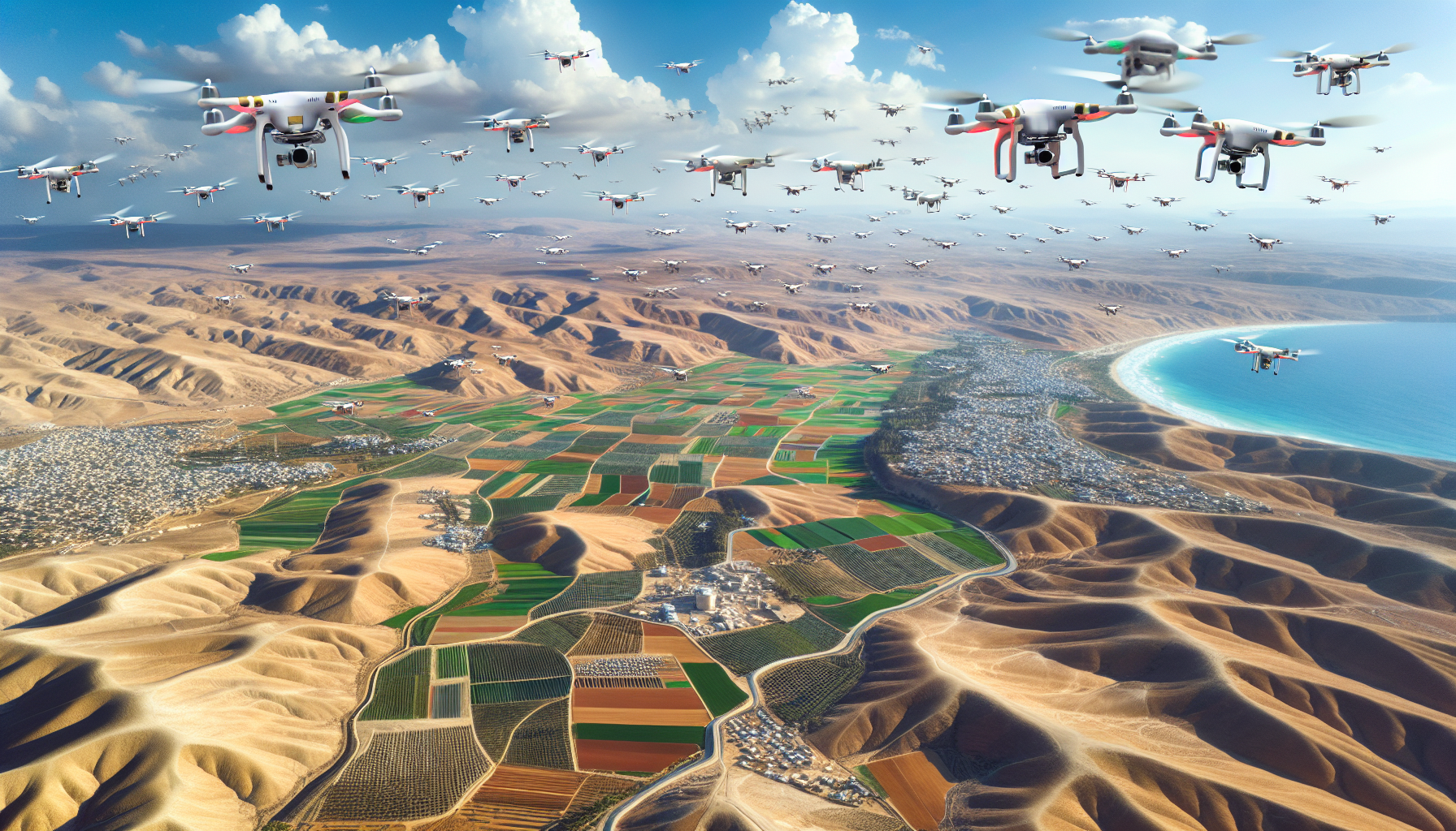 A fleet of drones flying over an Israeli landscape, showcasing their versatility in various sectors.