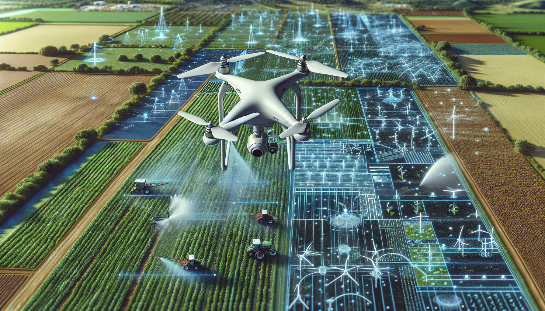 A drone mapping a large agricultural area, showcasing its capabilities in precision farming.